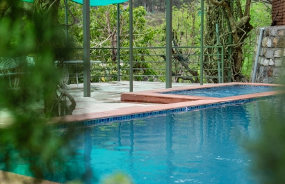 Poolside lawn at Granny's Den nature resort Uttarakhand